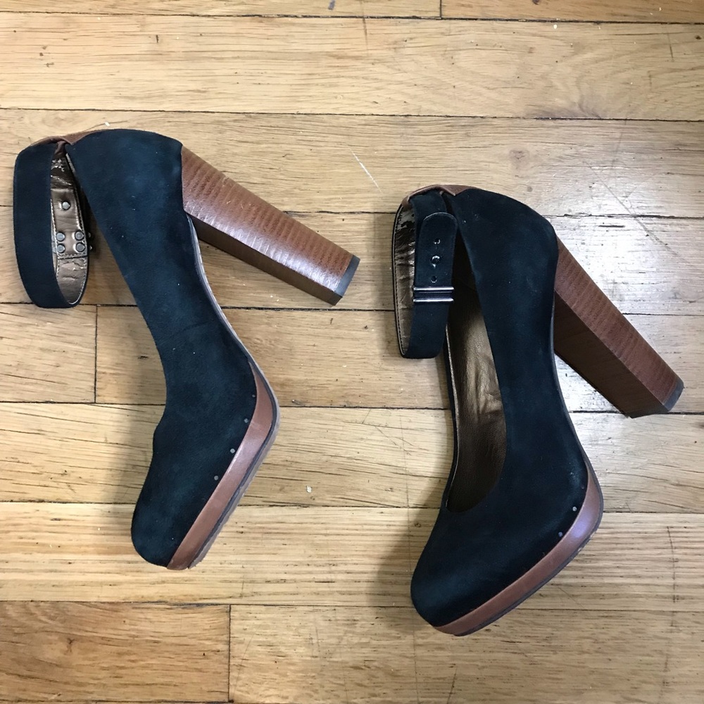 Sam Edelman Black Suede Pump Wood Stacked Heals with Ankle Strap Size 6